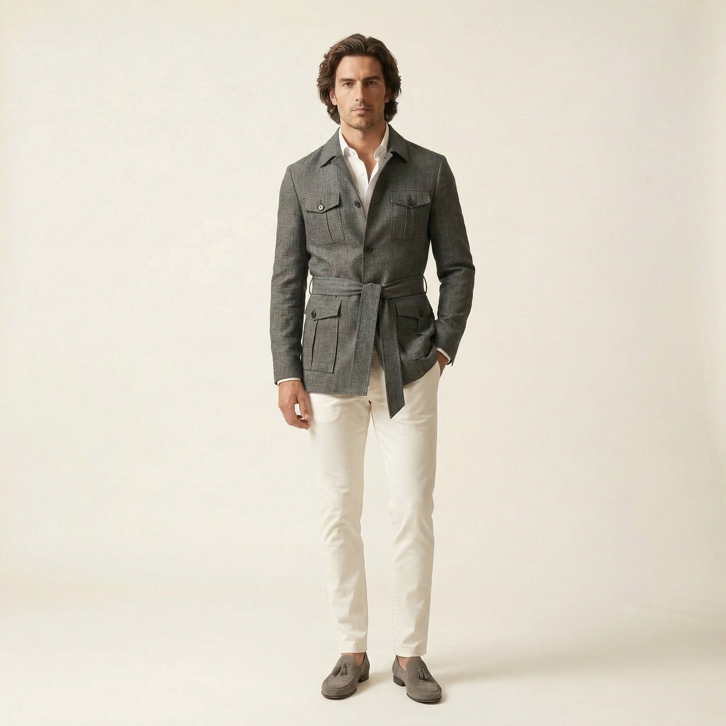 Safari Jacket, Dark Grey, Pure Linen, Solbiati