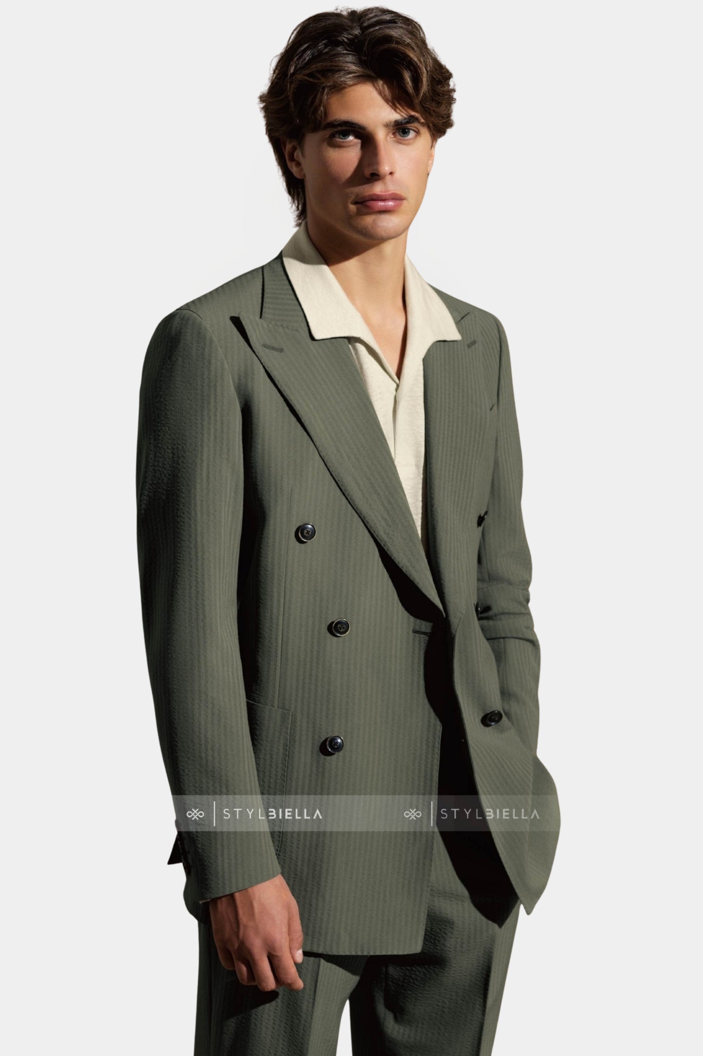 Peak Lapel Double Breasted 6 on 4, Olive Seersucker Suit