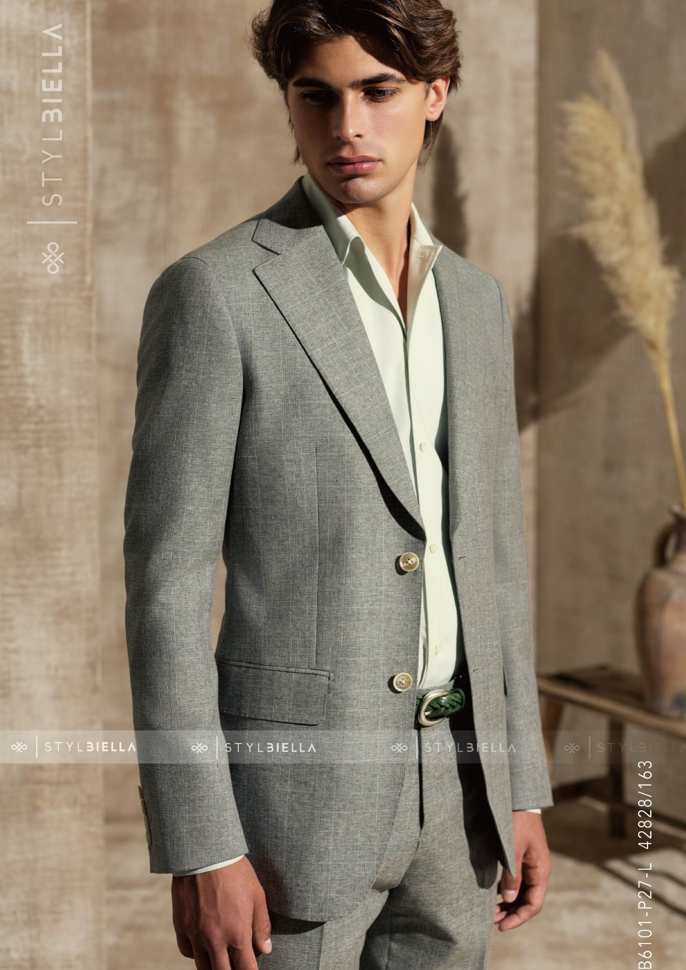 Notch Lapel, 2 pcs Suit, Grass Green, Windowpane, Wool Cotton & Silk, Stylbiella