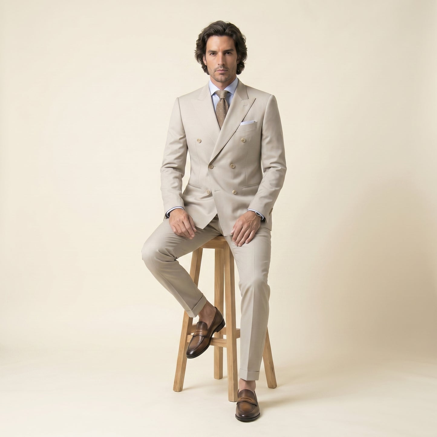 Double Breasted 6 on 2, 2 pcs Suit, Beige, Pure Wool, Vitale Barberis