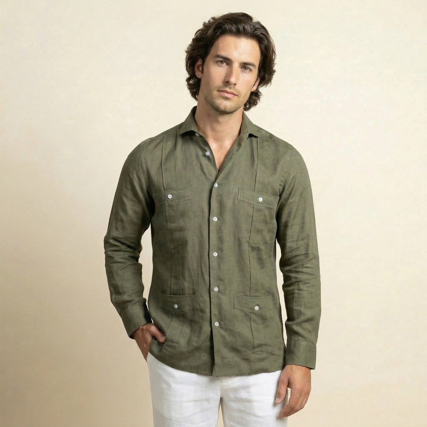Cuban Shirt, Green, Pure Linen