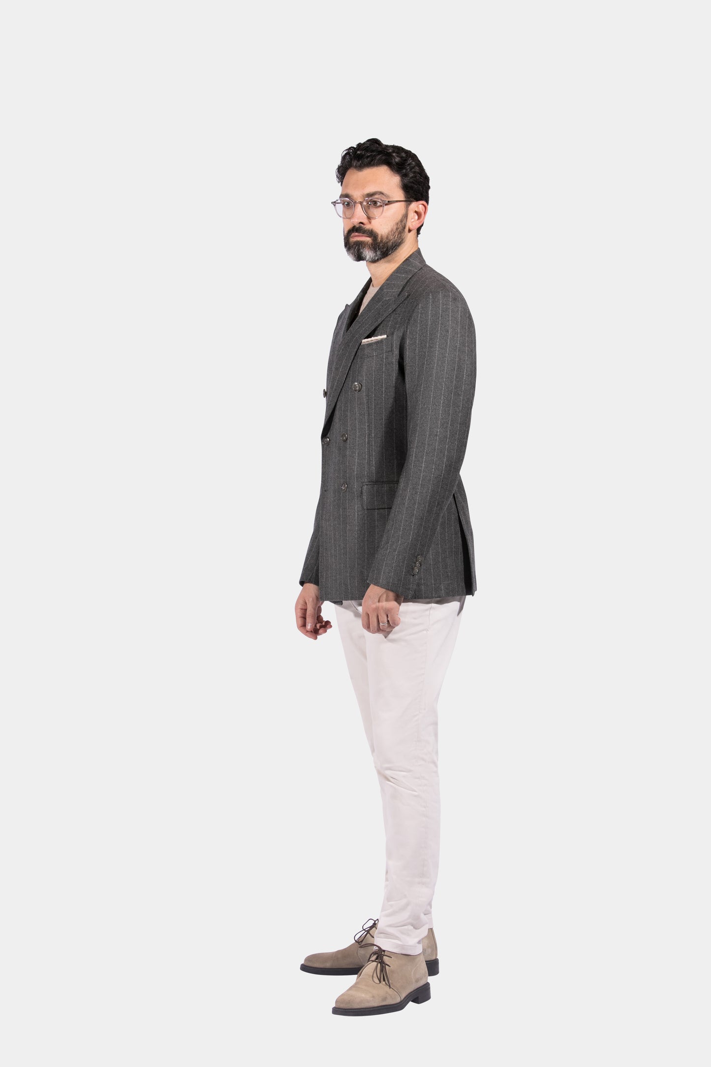Peak Lapel Double Breasted 6 on 4, Mid Grey with Stripes, Jacket Only