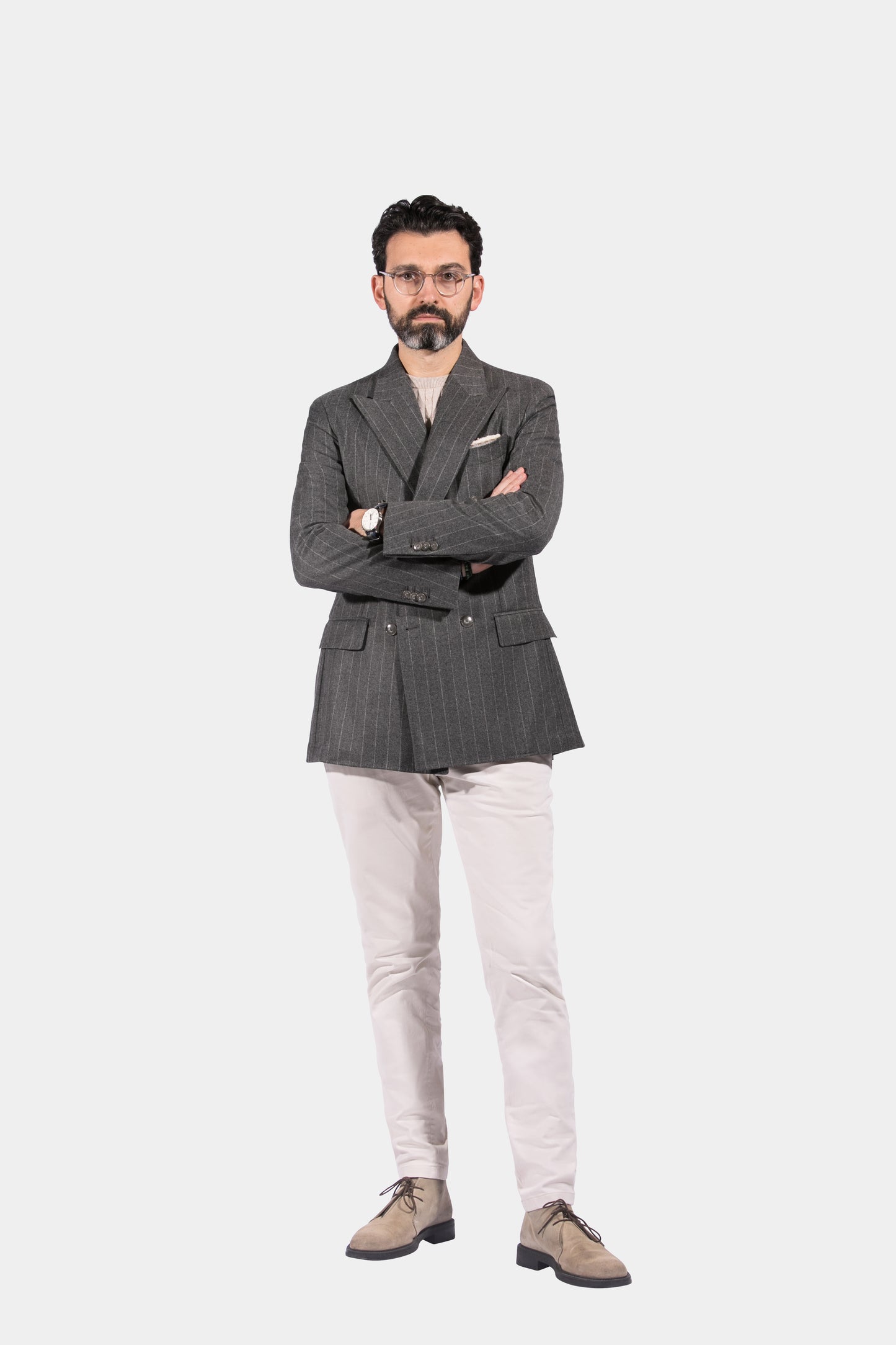 Peak Lapel Double Breasted 6 on 4, Mid Grey with Stripes, Jacket Only