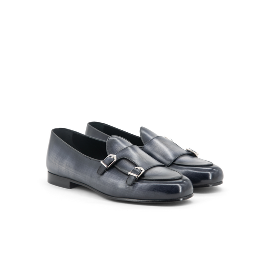 Leather Belgian Slippers Wellington Double Monk │ Grey Patina
