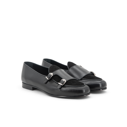 Leather & Suede Belgian Slippers Wellington Double Monk │ Black