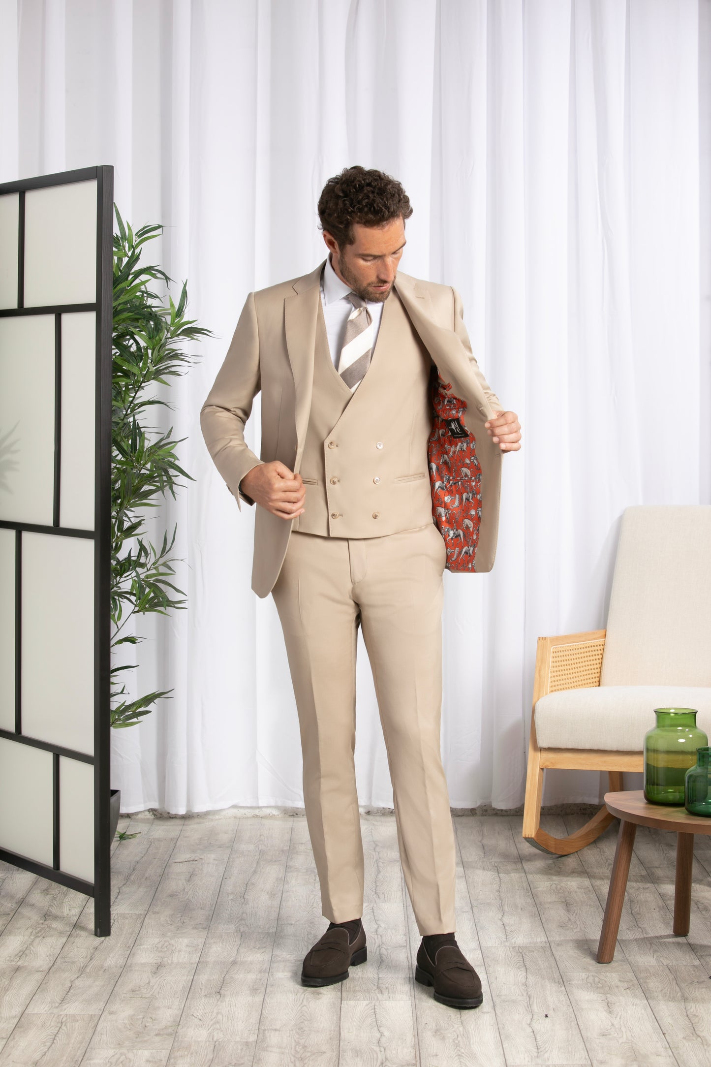 Notch Lapel, Beige 3pcs Suit