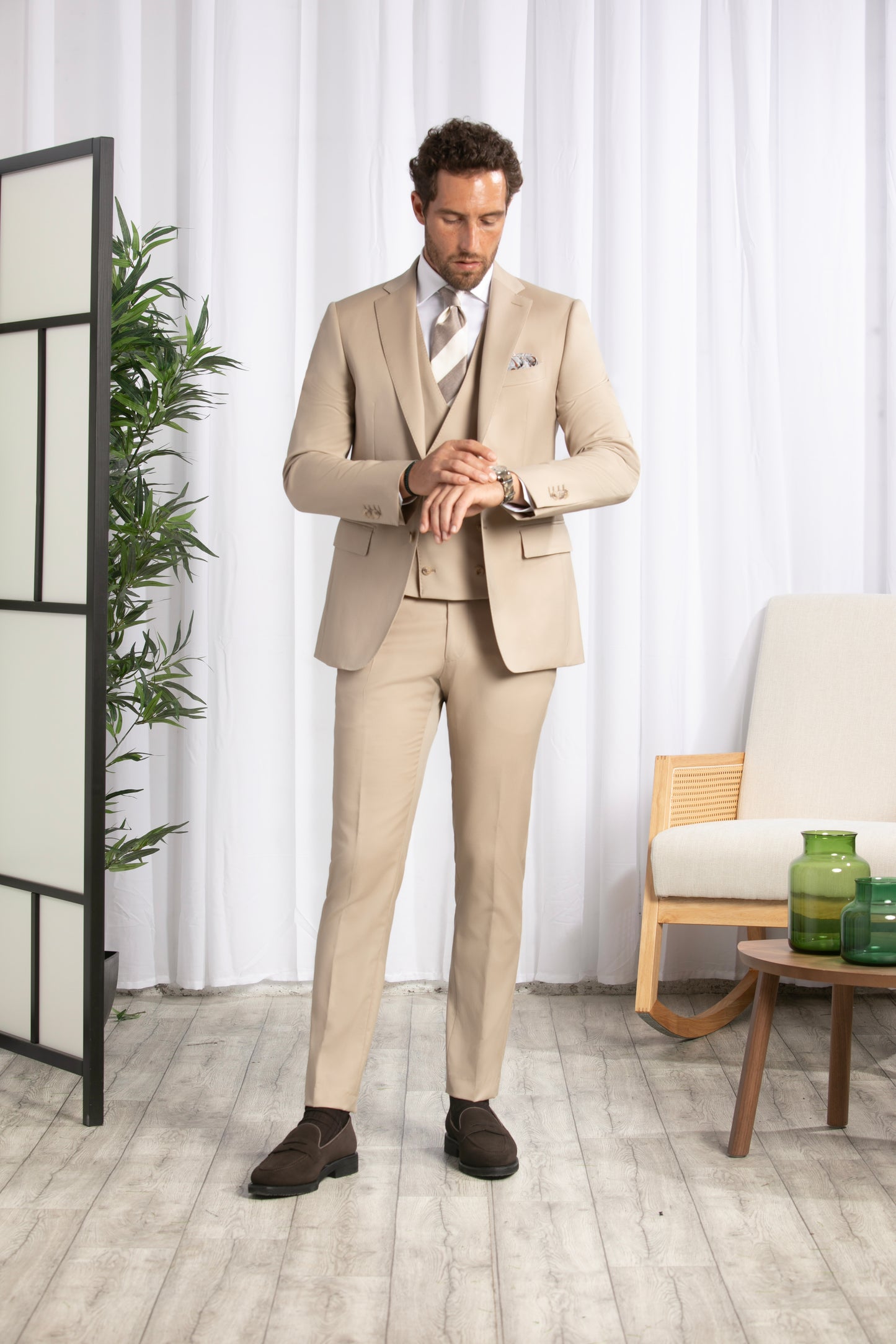 Notch Lapel, Beige 3pcs Suit