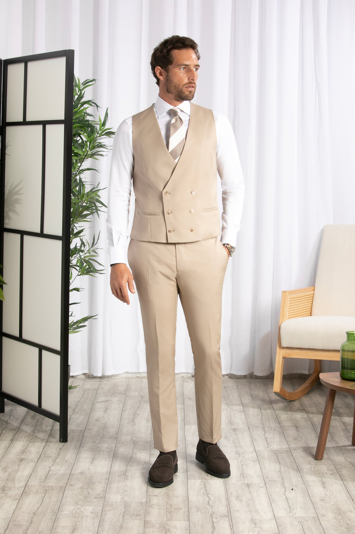 Notch Lapel, Beige 3pcs Suit