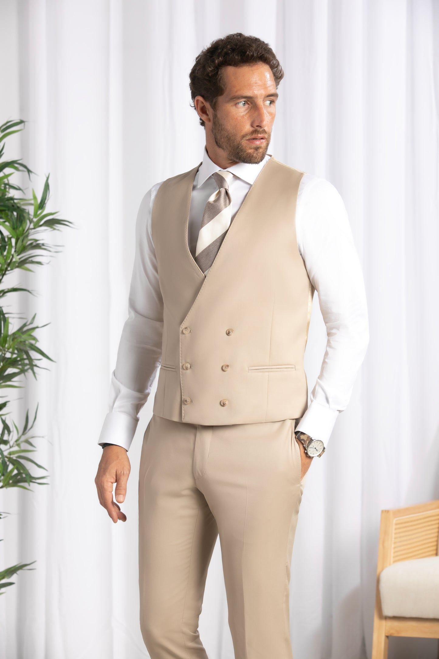 Notch Lapel, Beige 3pcs Suit