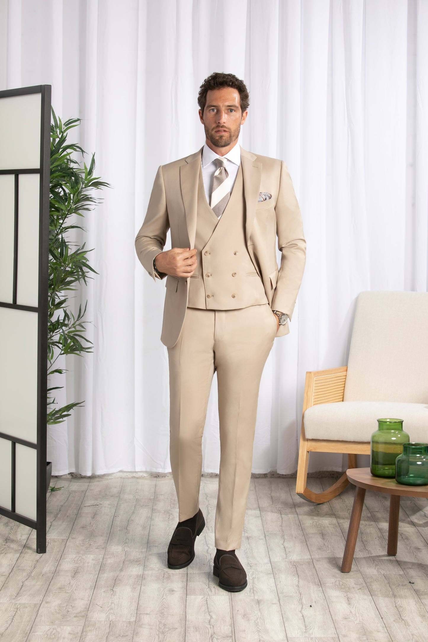 Notch Lapel, Beige 3pcs Suit