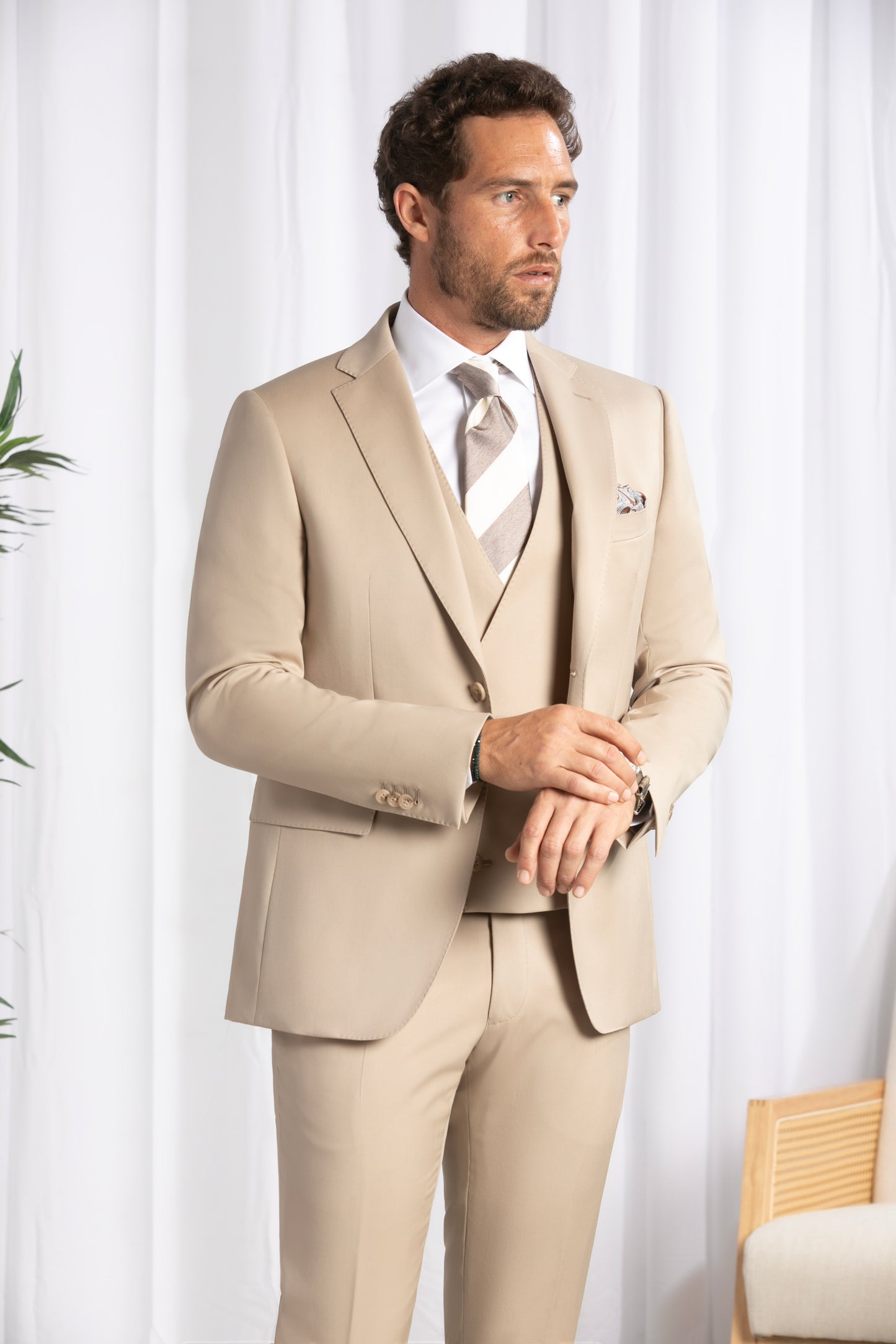 Notch Lapel, Beige 3pcs Suit
