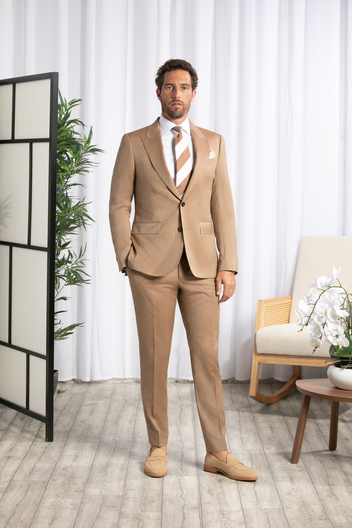 Peak Lapel, Camel Chevron Suit