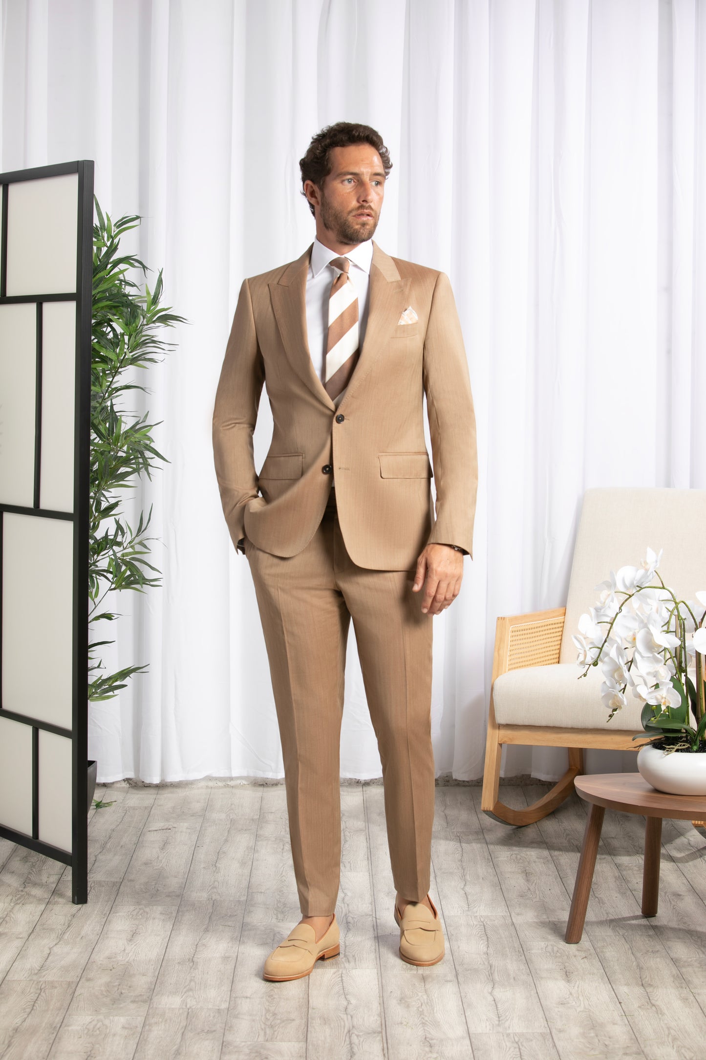 Peak Lapel, Camel Chevron Suit