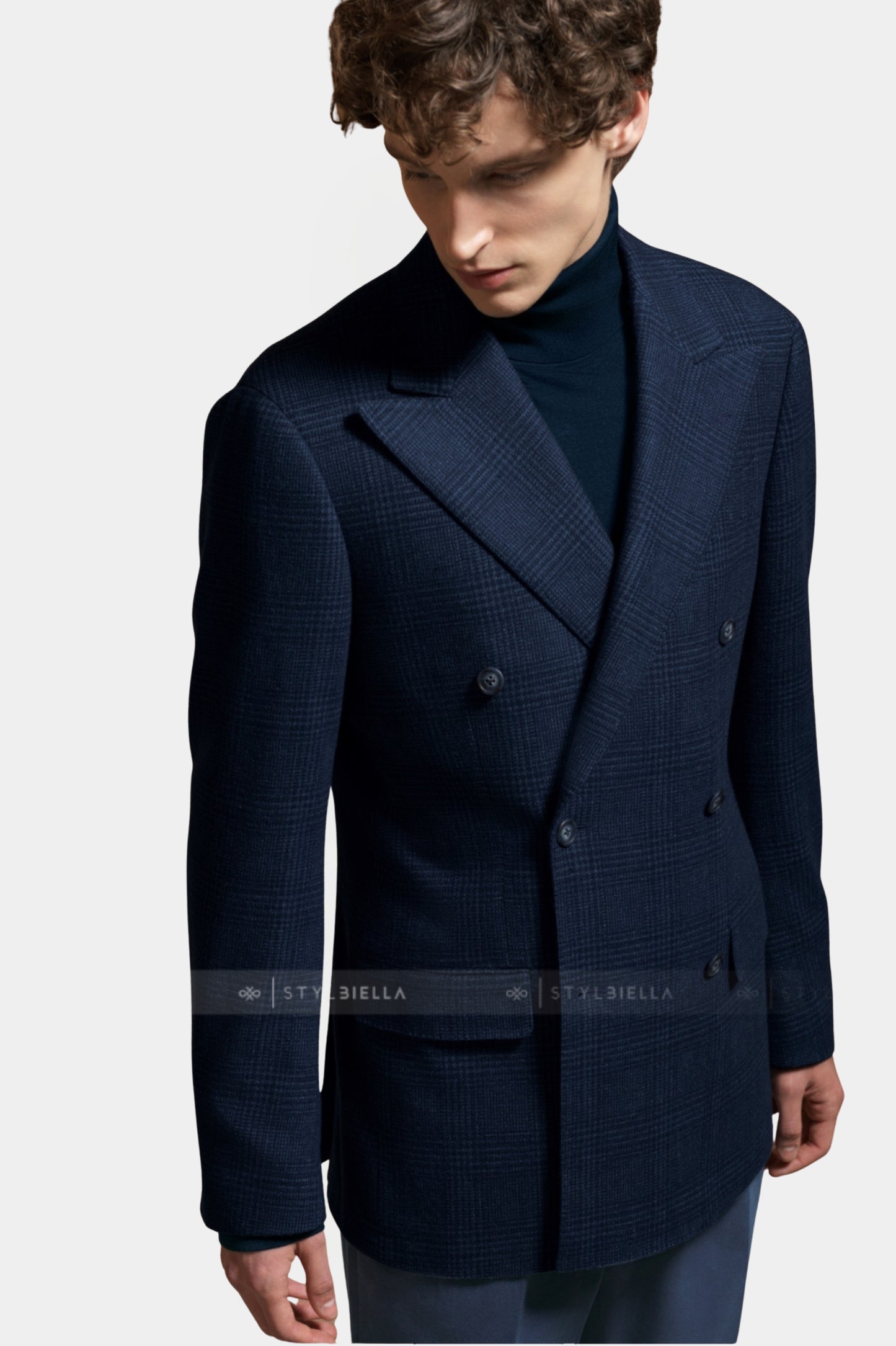 Peak Lapel Double Breasted 6 on 4, Denim Blue Prince de Galles, Jacket Only