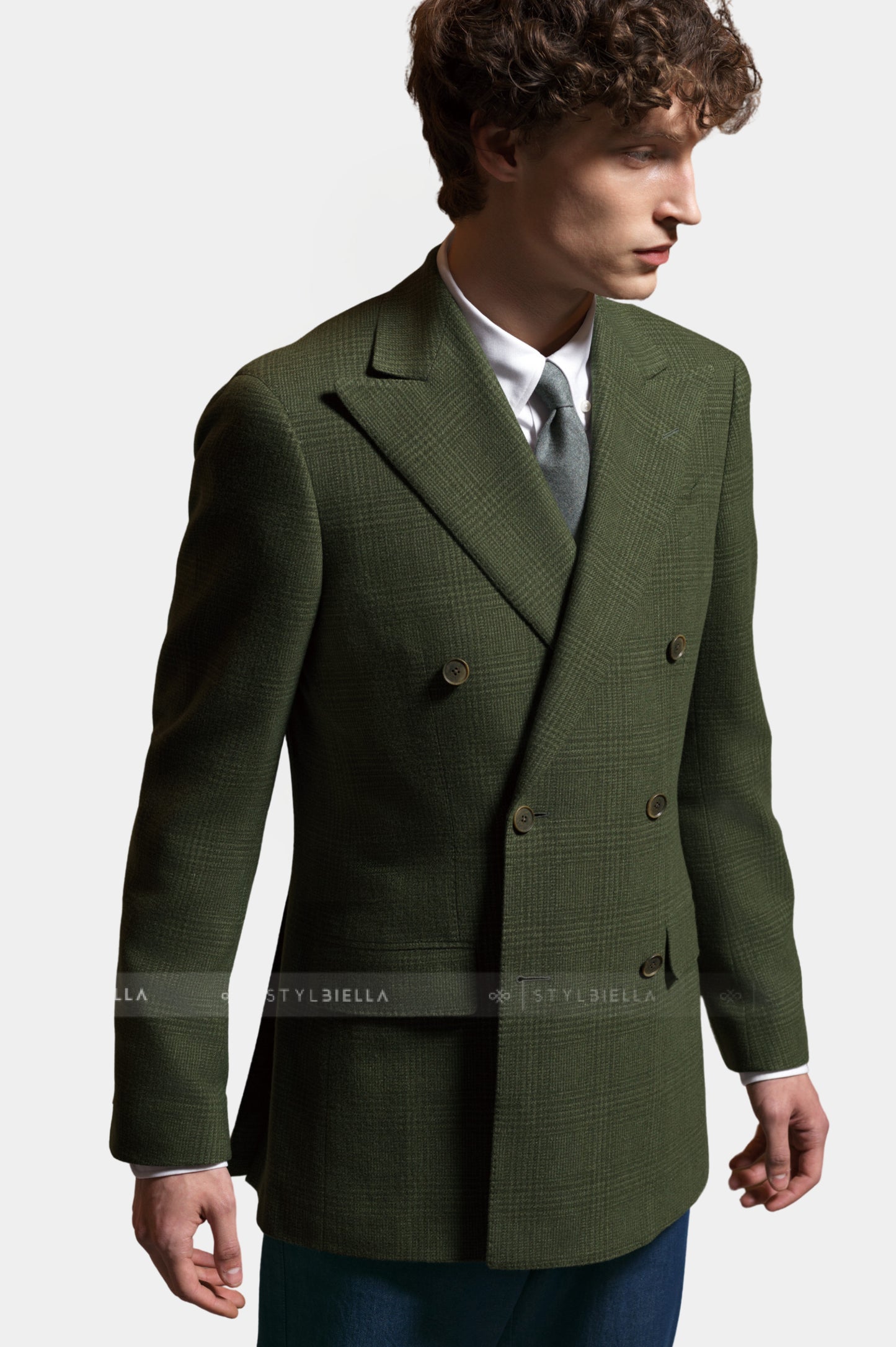 Peak Lapel Double Breasted 6 on 4, Olive Prince de Galles, Jacket Only