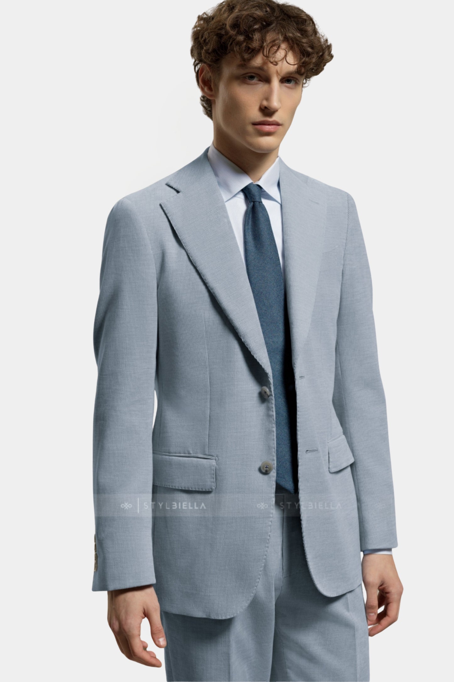 Notch Lapel, Light Blue Corduroy Velvet, Stylbiella