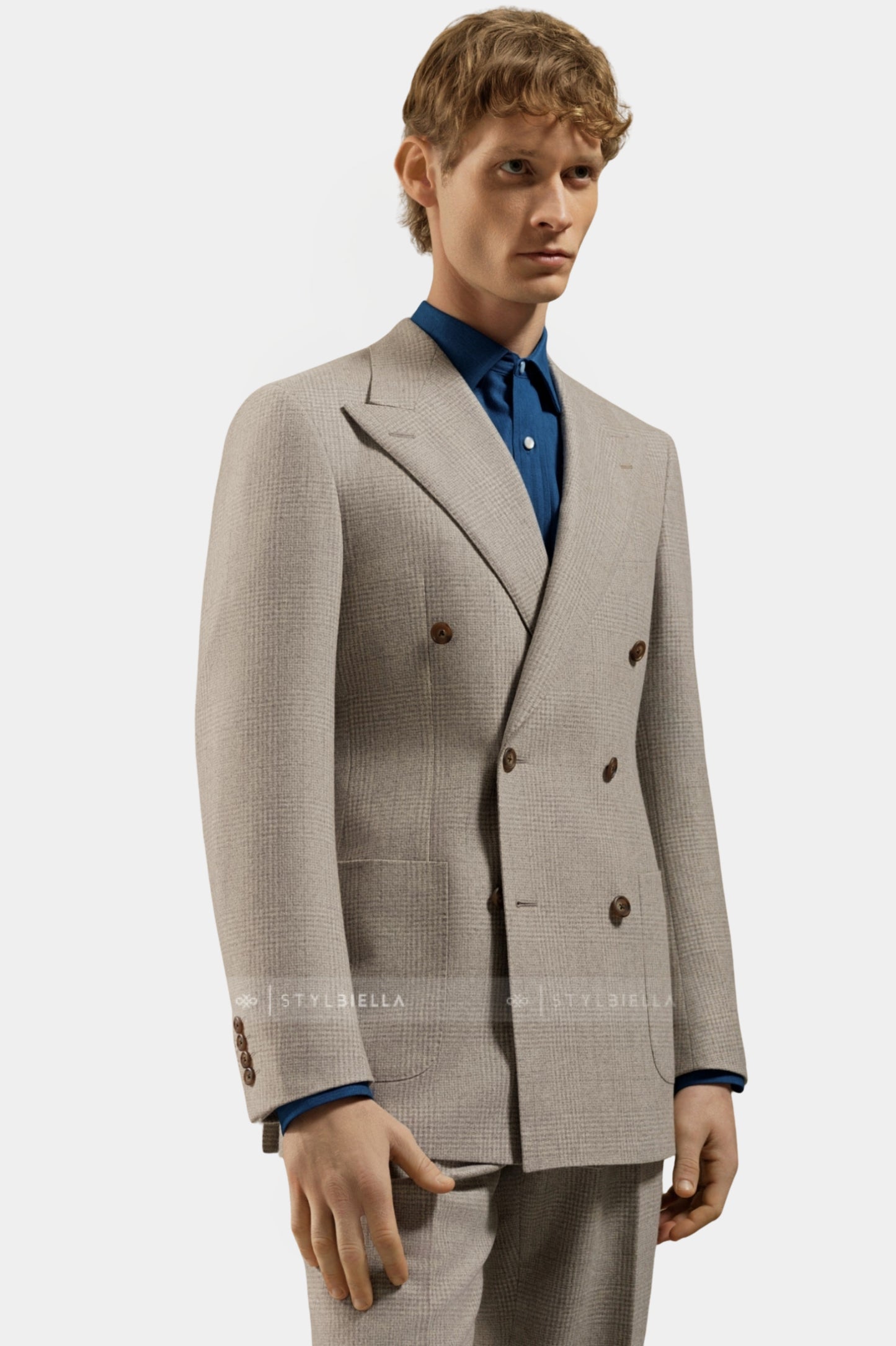 Peak Lapel Double Breasted 6 on 4, Beige Prince de Galles, Stylbiella