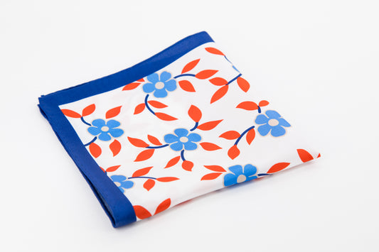 Pocket Square - Blue and Orange Flowers Print White Background