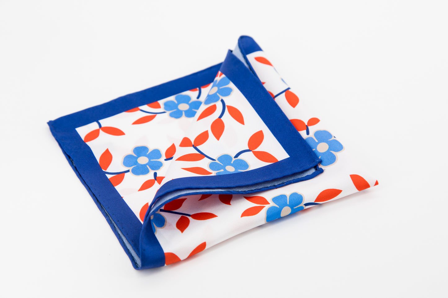 Pocket Square - Blue and Orange Flowers Print White Background