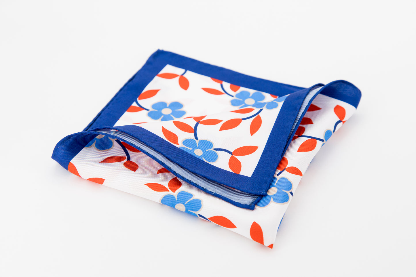 Pocket Square - Blue and Orange Flowers Print White Background