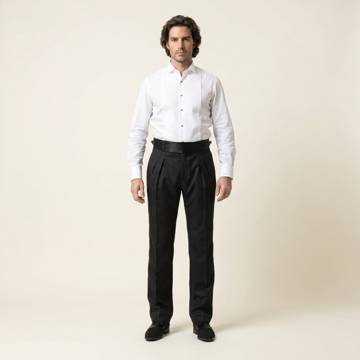 Tuxedo Satin Trouser, Black, Wool & Silk, Zignone