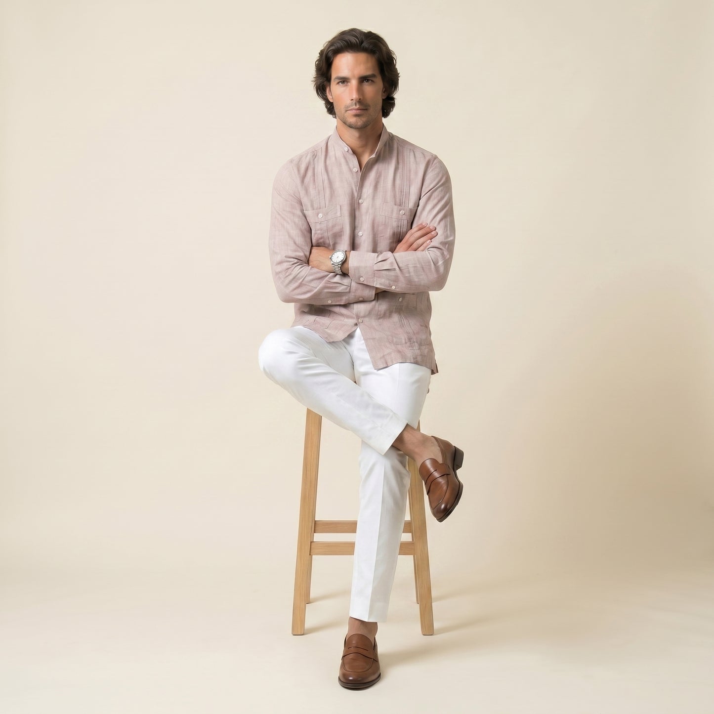 Cuban Shirt, Light Brown, Pure Linen, Canclini