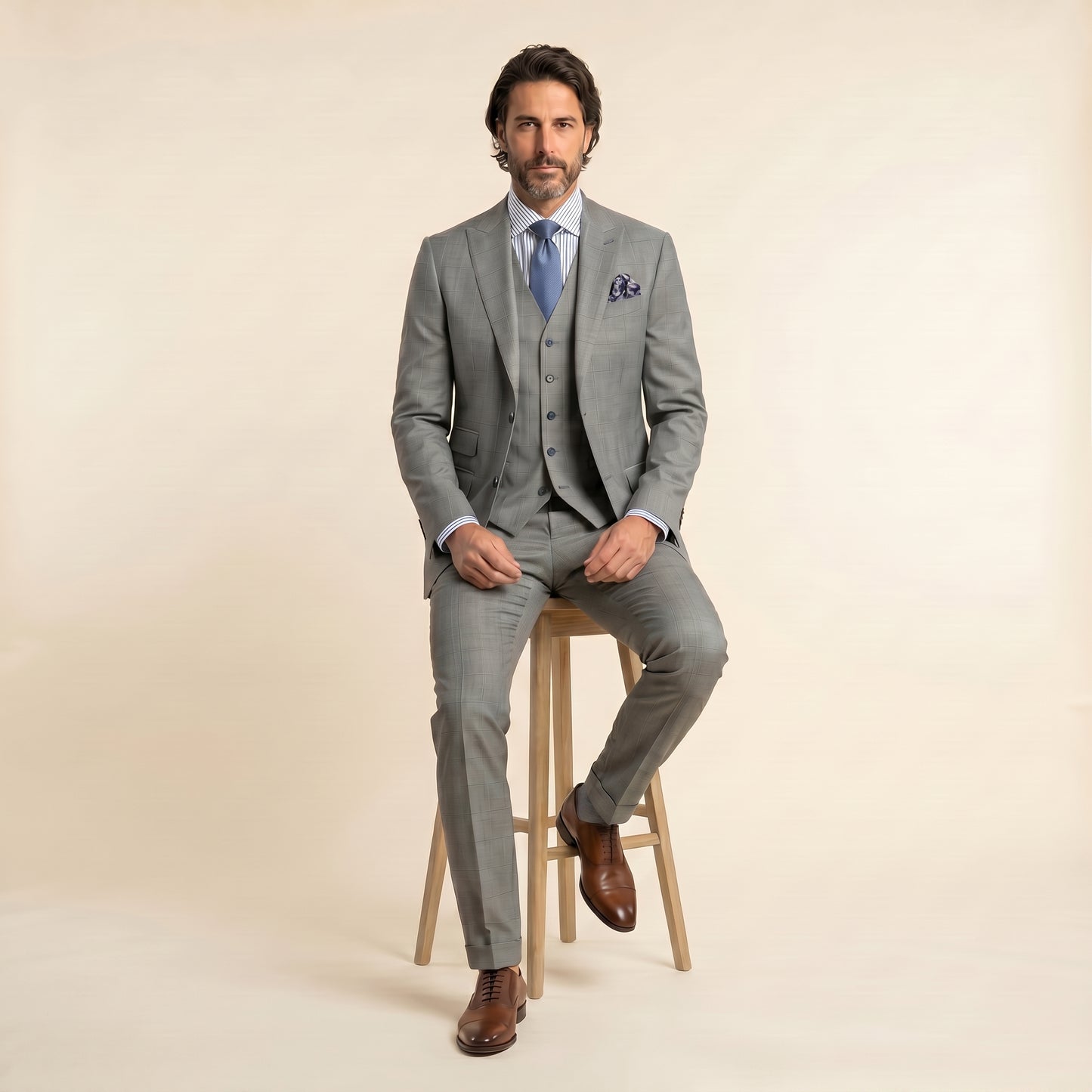 Peak Lapel, Light Grey Windowpane Suit 2pcs, Wool & Cashmere, Super 170's, Loro Piana Cashmere Wish