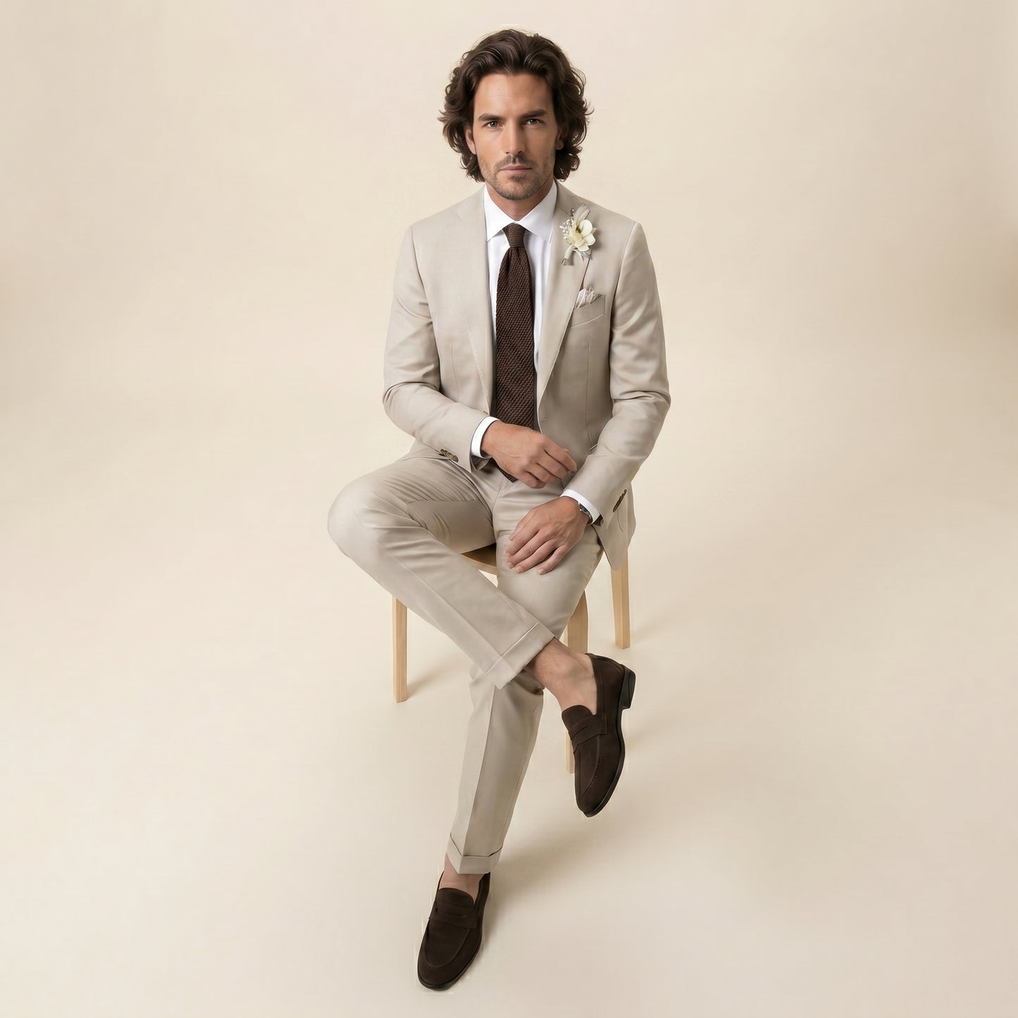 Notch Lapel, 2 pcs Suit, Stone, Wool & Silk, Saphire Drapers
