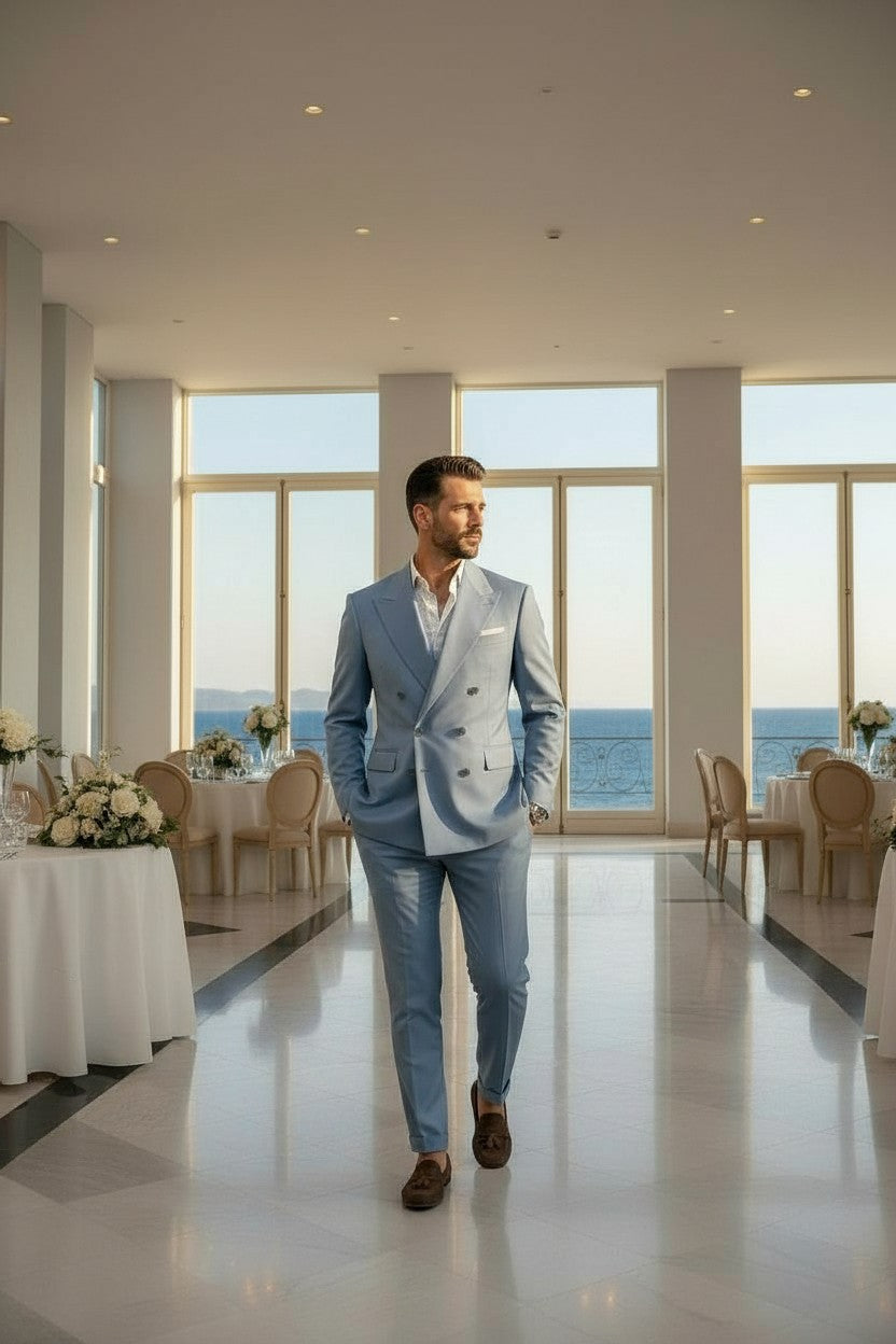 Double Breasted 6 on 2, 2 pcs Suit, Sky Blue, Pure Wool Super 130's, Drago