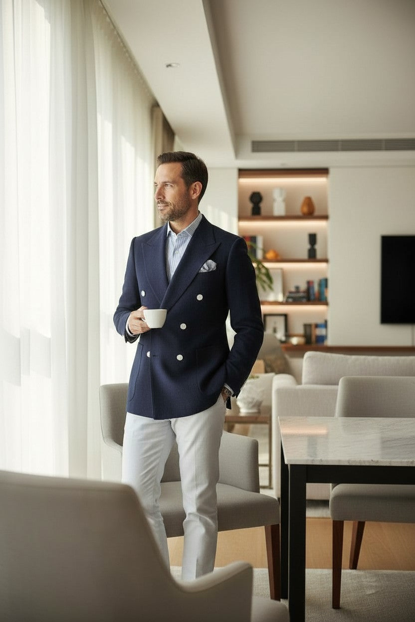 Peak Lapel Double Breasted, Navy, Drago Super 140'S, Jacket Only