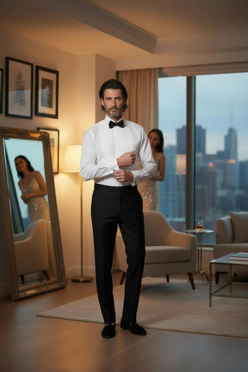 Tuxedo Shirt, Hidden Buttons, White Poplin with Pleated Full Plastron