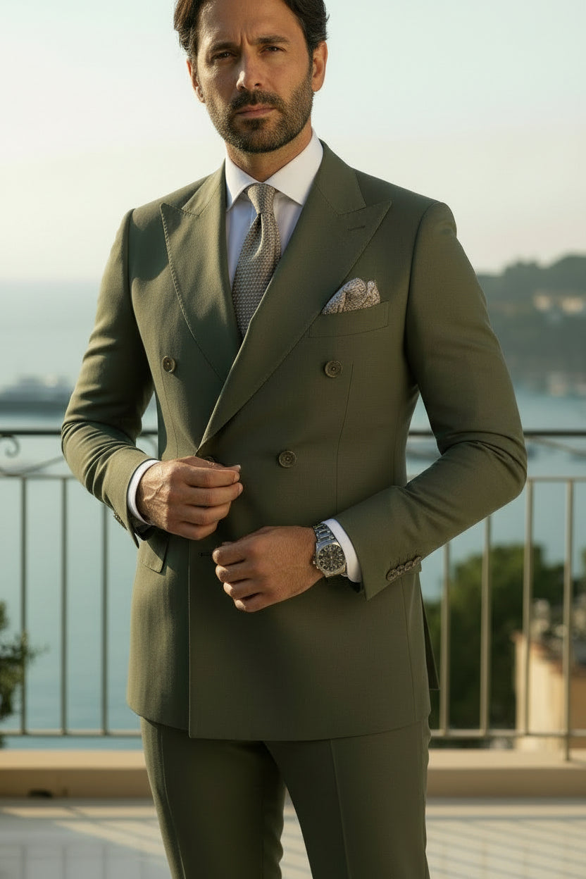 Double Breasted 6 on 2, 2 pcs Suit, Green, Superfine Merino Wool, Loro Piana