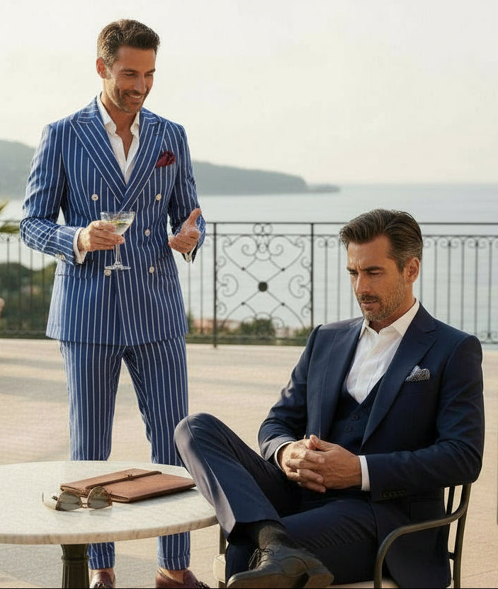 Double Breasted 6 on 2, 2 pcs Suit, Blue, Wool & Silk, Ariston