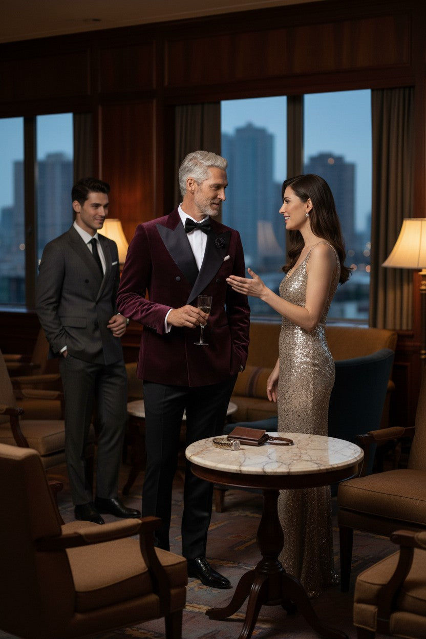 Peak Satin Lapel Double Breasted 6 on 2, Purple Velvet, Tuxedo Jacket, Pontoglio