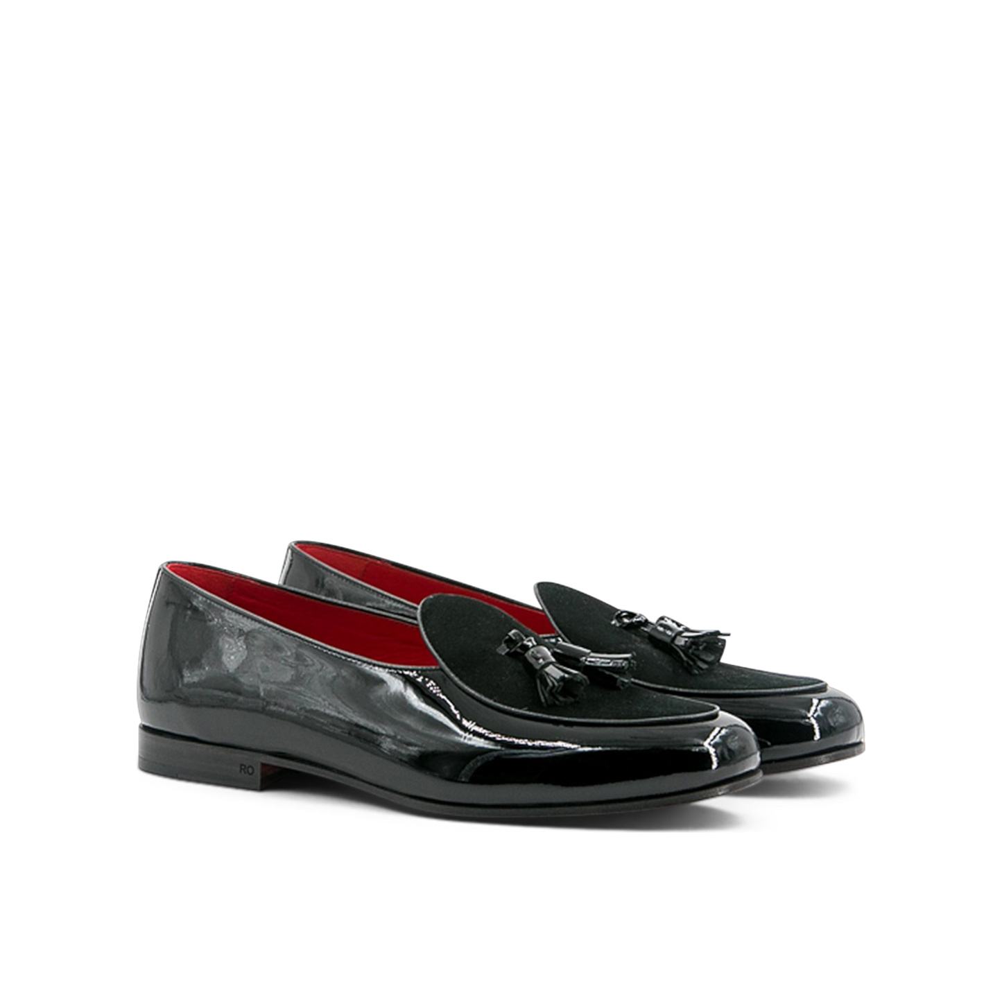 Leather & Suede Belgian Slippers Wellington │ Black Varnish & Pompom