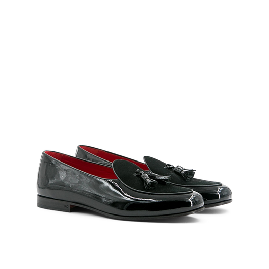 Leather & Suede Belgian Slippers Wellington │ Black Varnish & Pompom