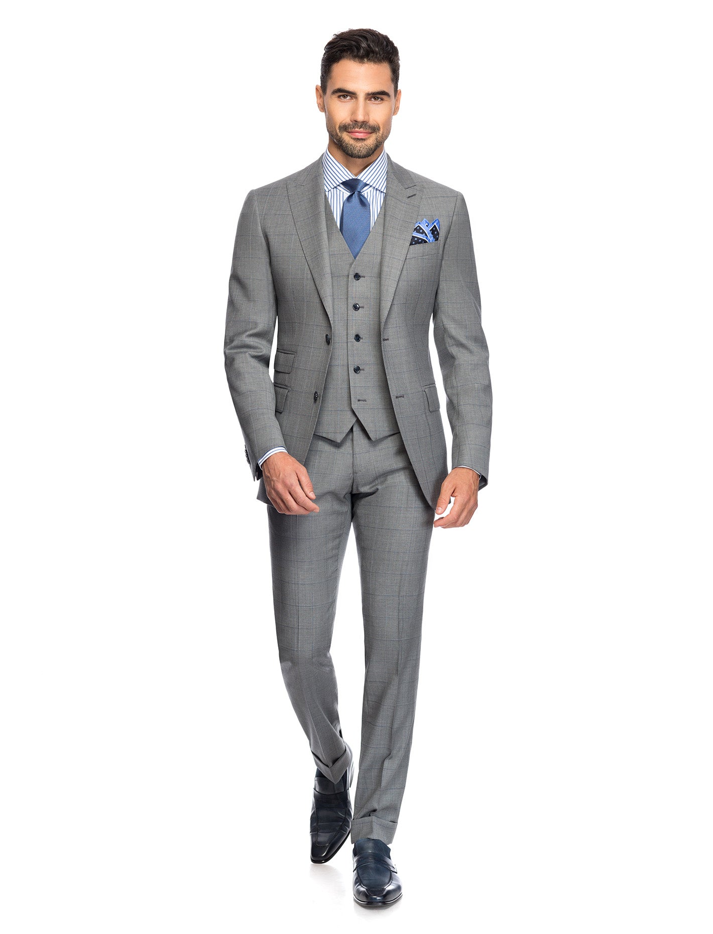 Light grey check Suit 3pcs, super 160'S Dormeuil, notch lapel