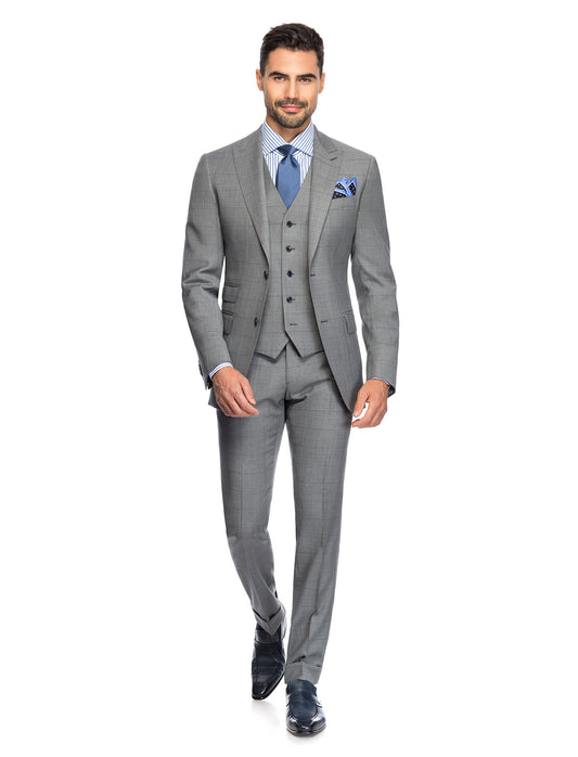 Light grey check Suit 3pcs, super 160'S Dormeuil,  notch lapel