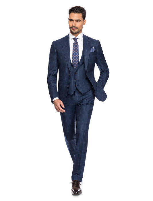 Medium blue check, flannel Suit, notch lapel