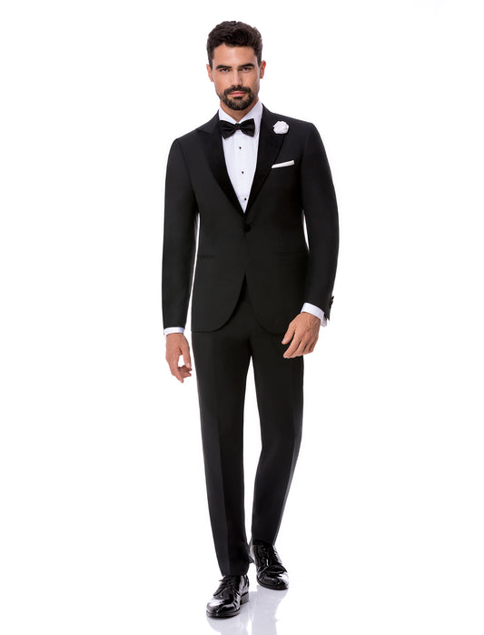 Black tuxedo suit peak lapel