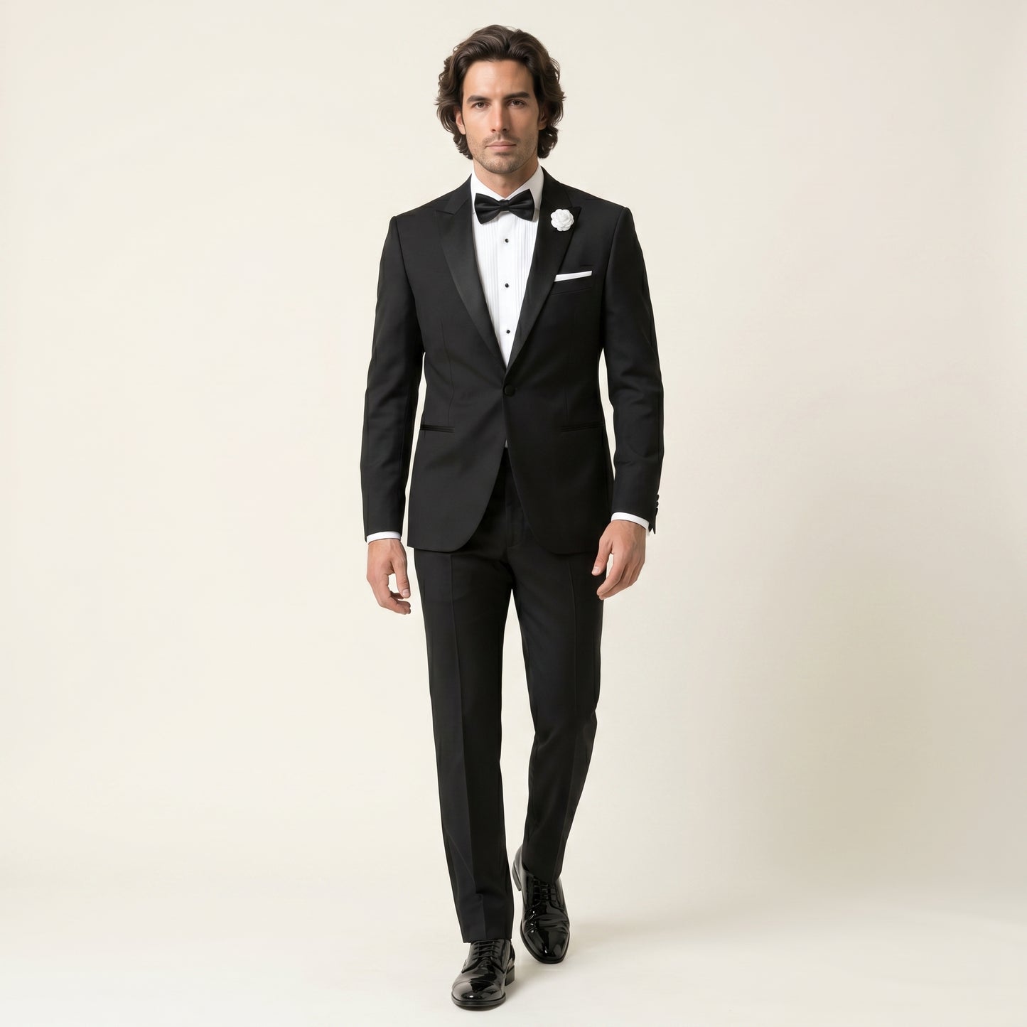 Peak Satin Lapel, Black, Tuxedo, Wool & Mohair, Loro Piana "Kid Mohair"