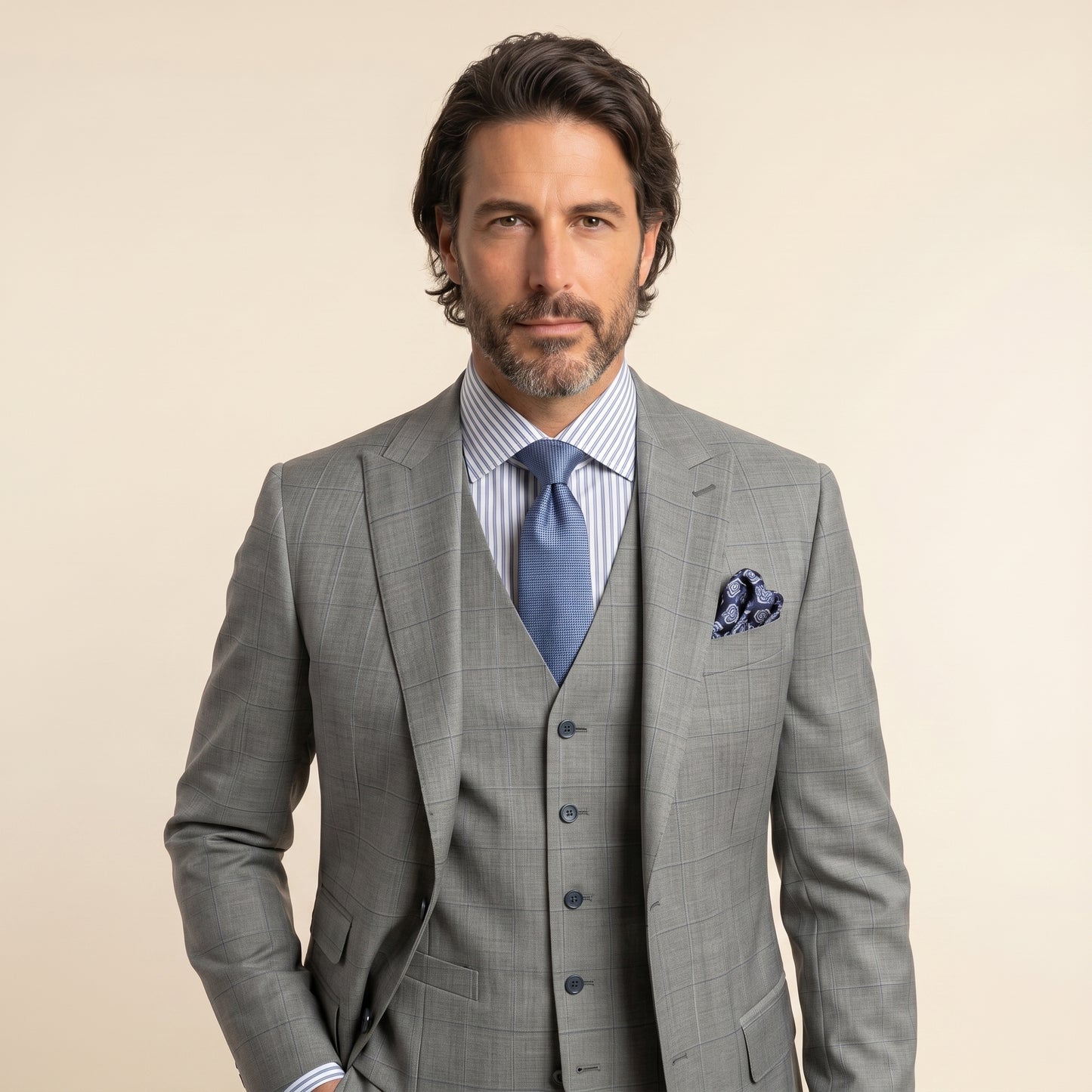 Peak Lapel, Light Grey Windowpane Suit 2pcs, Wool & Cashmere, Super 170's, Loro Piana Cashmere Wish