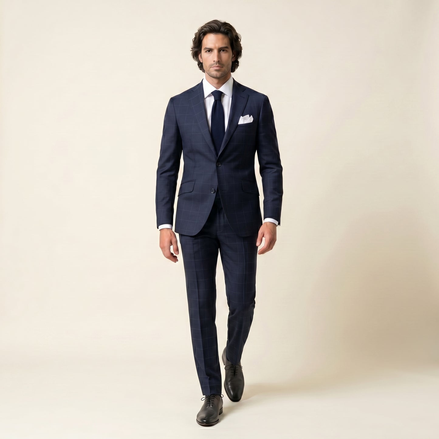 Notch Lapel, Navy Windowpane Suit 2 pcs, Super 170'S, Loro Piana Tasmanian