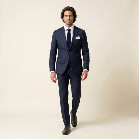 Notch Lapel, Navy Windowpane Suit, Super 150'S Drapers