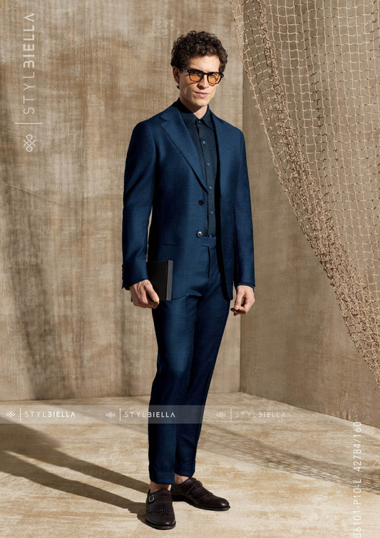 Notch Lapel, Smoke Blue Prince de Galles Suit, Stylbiella Super 110'S