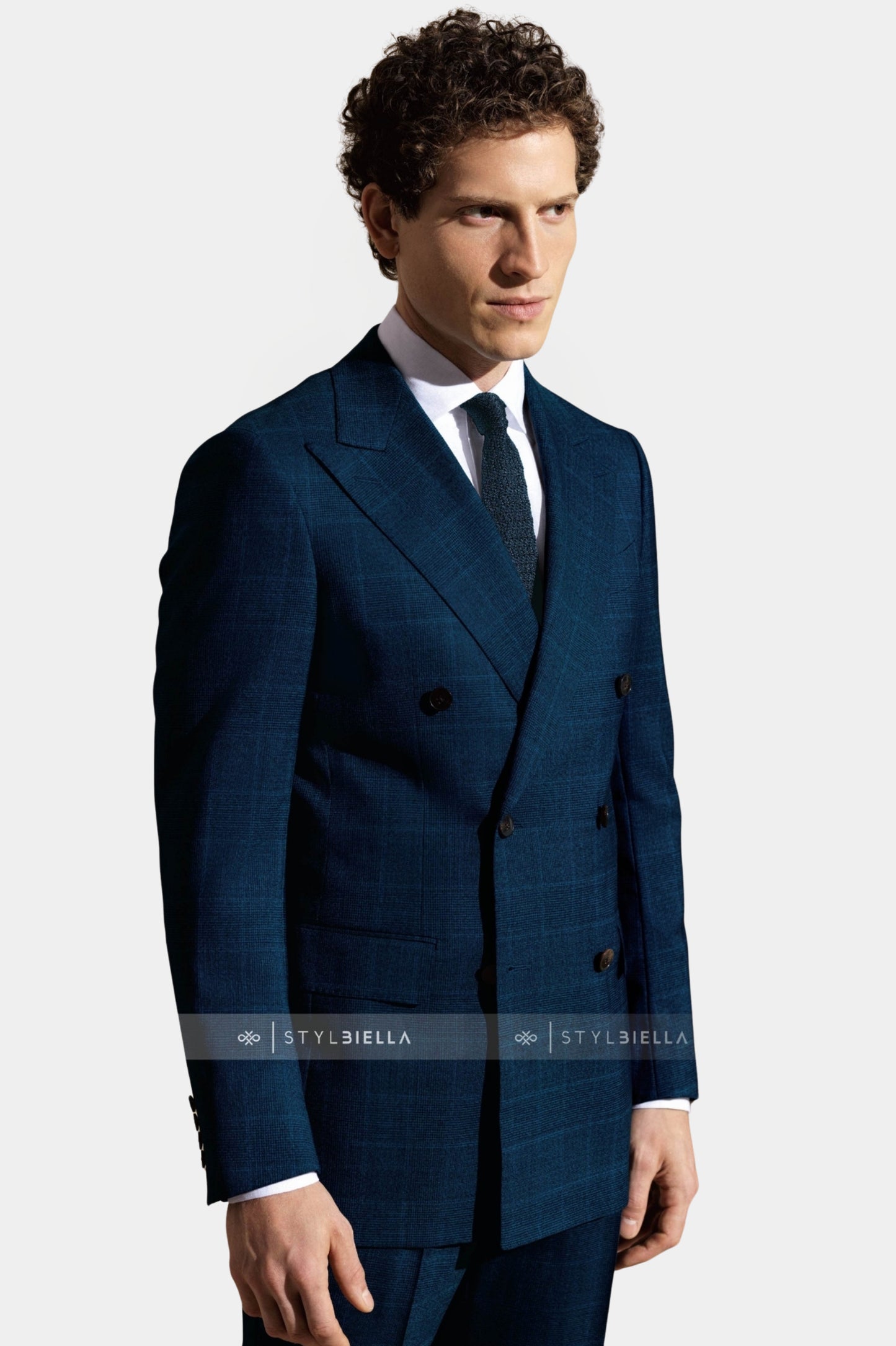 Peak Lapel Double Breasted 6 on 4, Peacock Blue Prince de Galles Suit