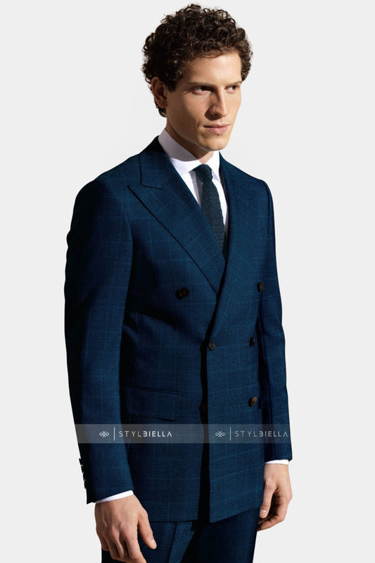 Peak Lapel Double Breasted 6 on 4, Peacock Blue Prince de Galles Suit