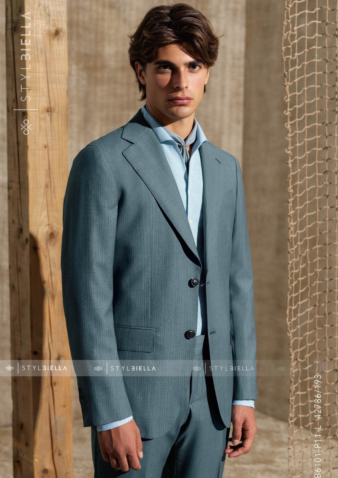 Notch Lapel, Aqua Blue, Herringbone, Suit, Stylbiella Super 130'S