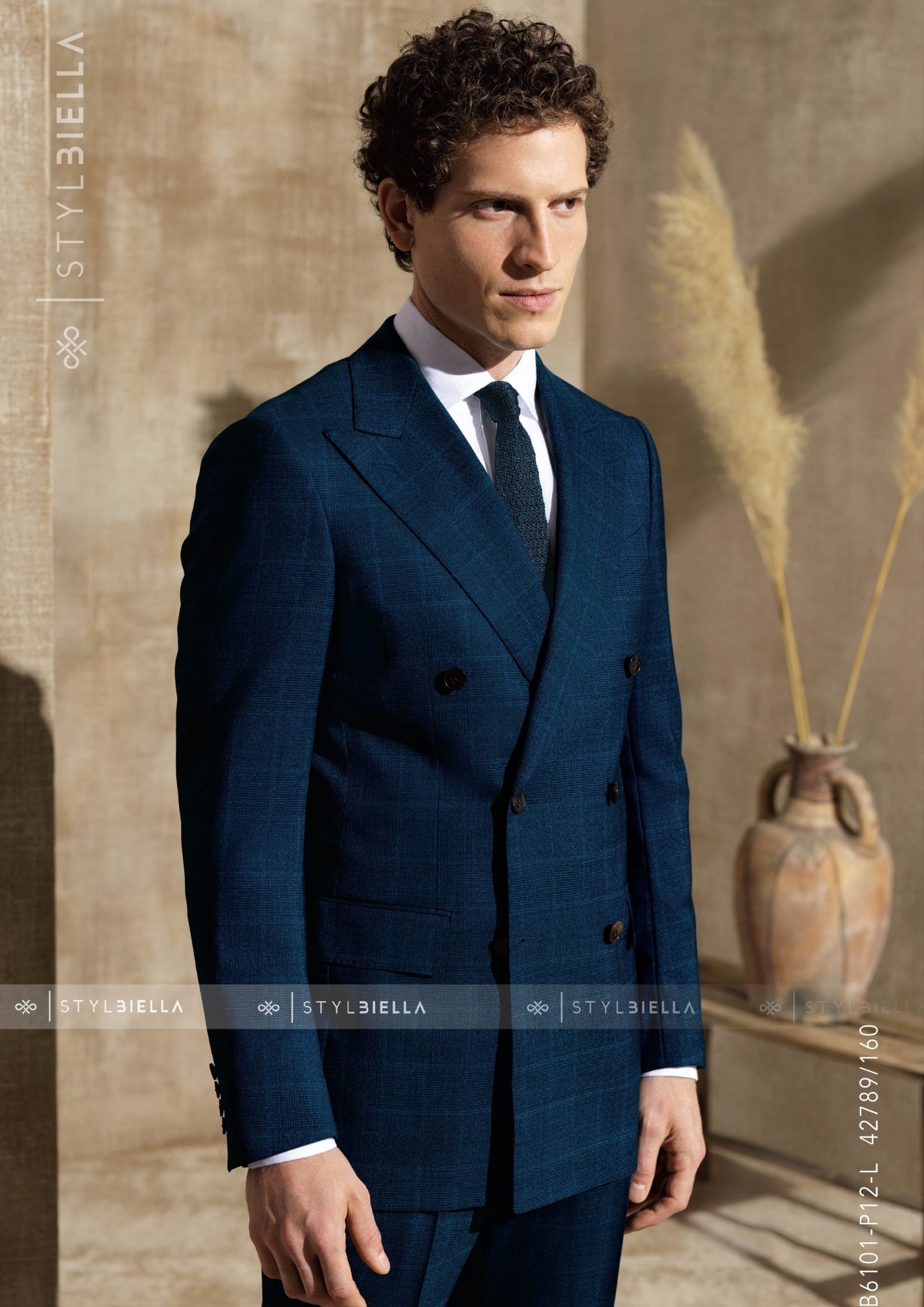Double Breasted 6 on 2, 2 pcs Suit, Peacock Blue Windowpane, Pure Wool, Stylbiella