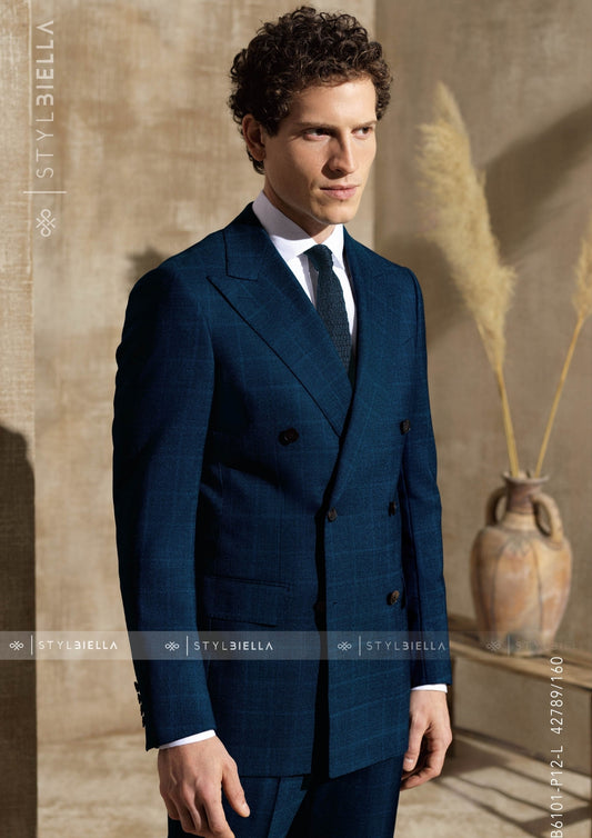 Peak Lapel Double Breasted 6 on 2, Peacock Blue Windowpane Suit, Stylbiella